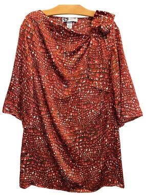 Rebecca Moses Silk Charmeuse Red and Brown Croc-Print Shift Dress Sz M Pristine